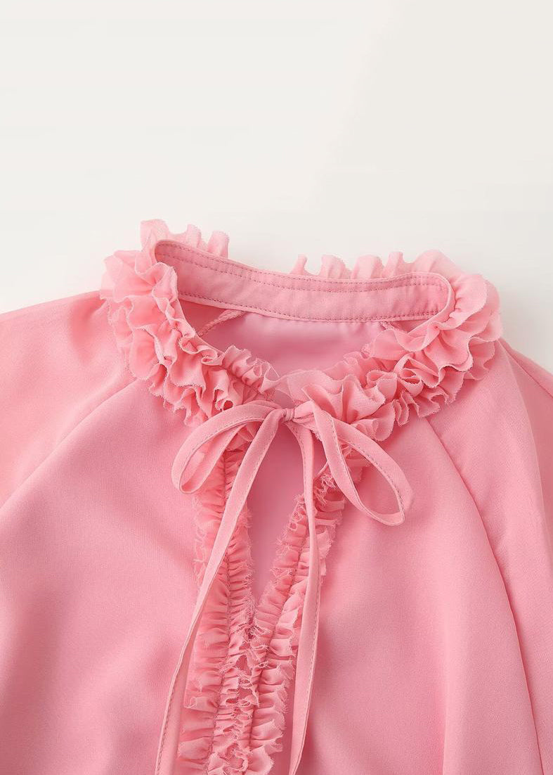 Pink Ruffled Lace Up Chiffon Mid Dress Flare Sleeve