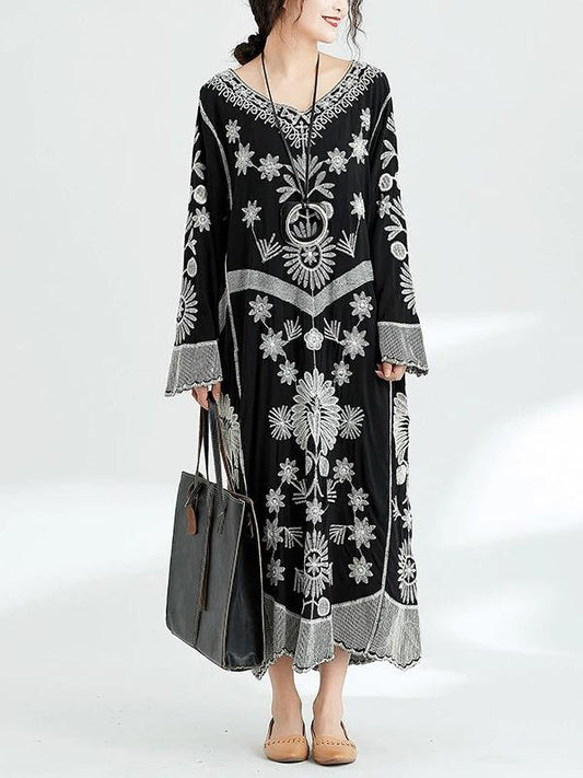 French Black Print V Neck Baggy Chiffon Robes Spring Dresses