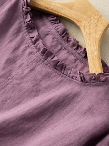 Embroidered Round Neck Short Sleeve Linen Tee Top