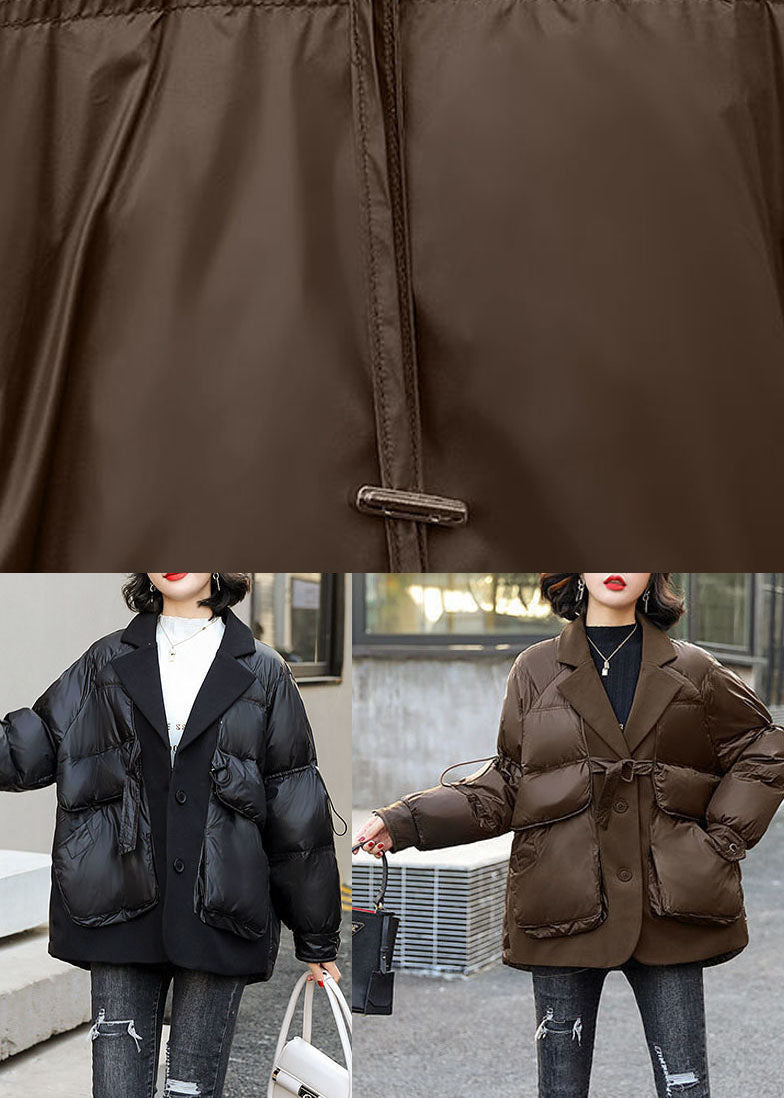 Loose Black Patchwork Pockets Drawstring Winter Duck Down Coat