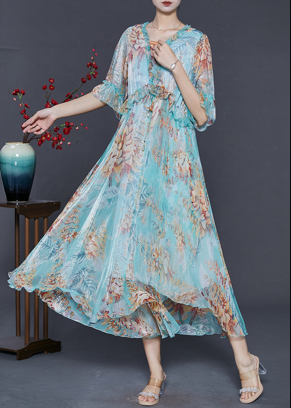 Blue Ruffled Print Silk Ankle Dress Summer