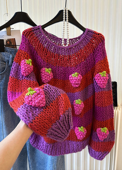 Diy Rose Striped Strawberry Decorated Knit Sweaters Winter