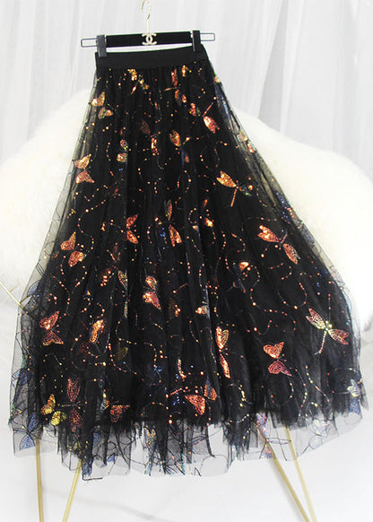 Italian Embroideried High Waist Sequins Tulle Maxi Skirts Spring