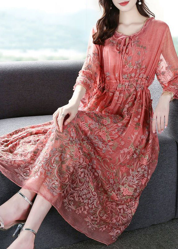 Style Pink O-neck Cinched Embroidered Silk Maxi Dress Bracelet Sleeve