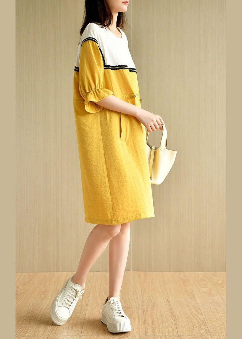 Yellow Tie Waist Pockets Patchwork Summer Vacation Dress Half Sleeve
