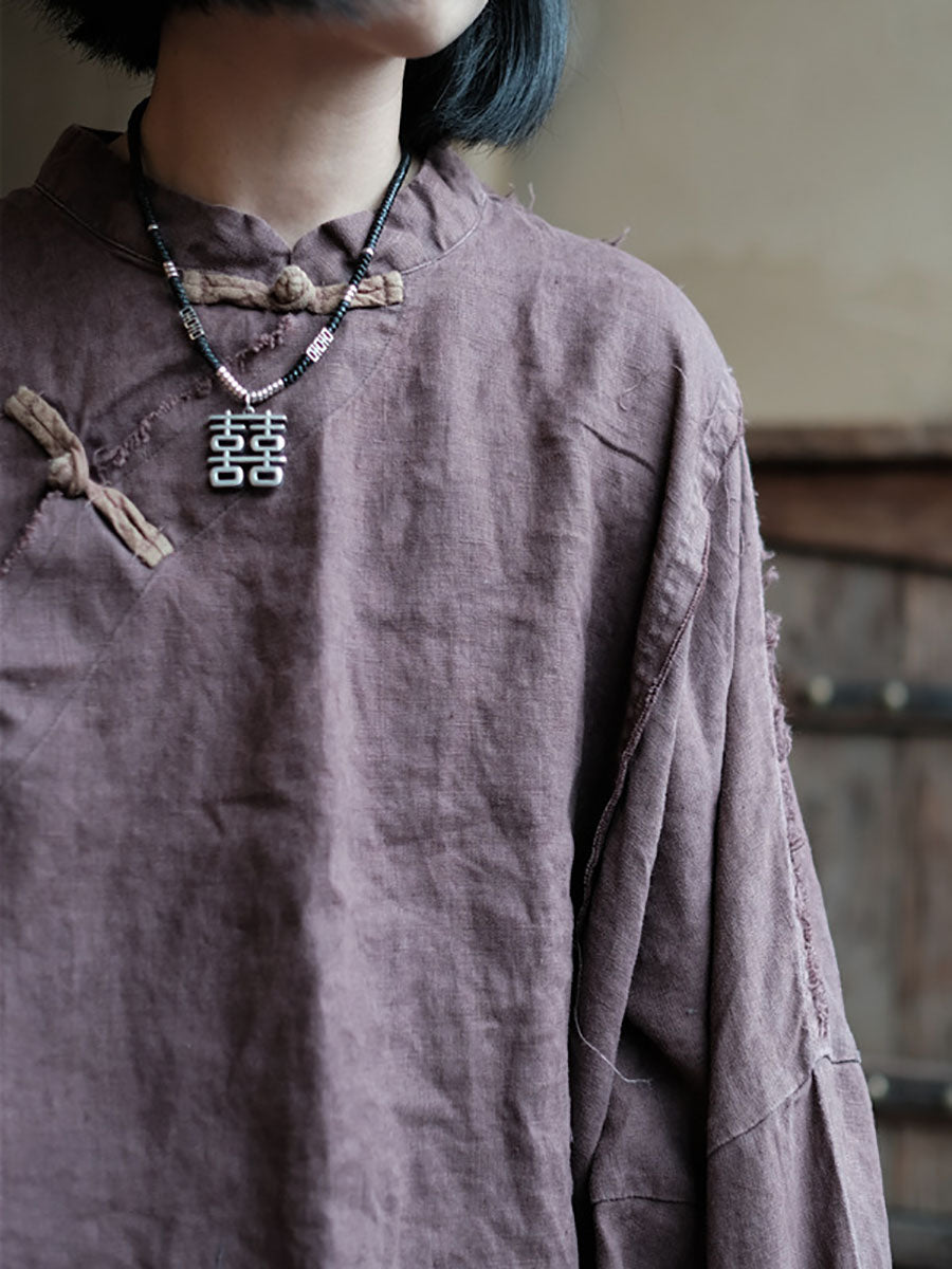 Chinese Style Burrs Button Linen Dress