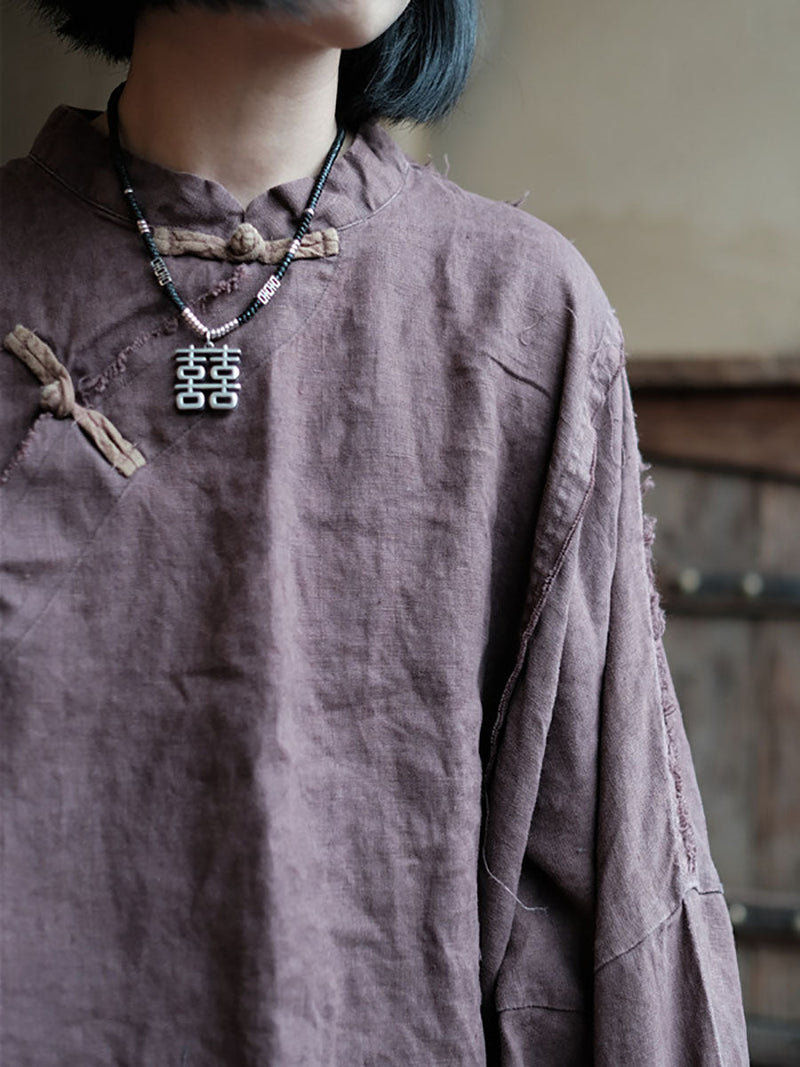 Chinese Style Burrs Button Linen Dress