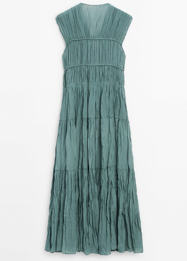 Blue V Neck Wrinkled Lace Up Cotton Long Dresses Summer