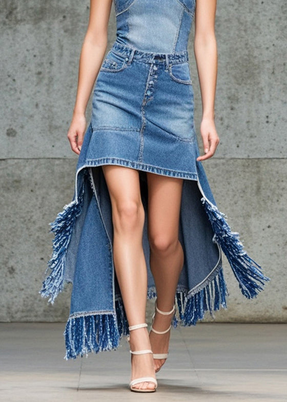 Blue Asymmetrical Tasseled Denim Skirts Spring