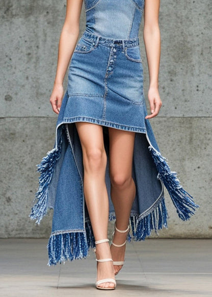 Blue Asymmetrical Tasseled Denim Skirts Spring