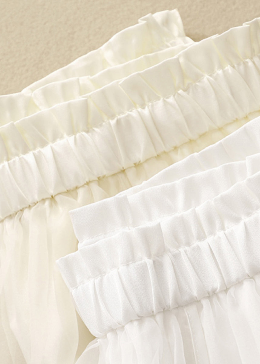Apricot Elastic Waist Wrinkled Patchwork Tulle Skirts Summer