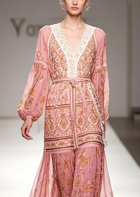 Modern Pink Cinched Print Chiffon Ankle Dress Spring