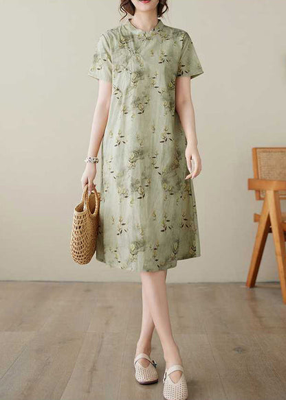 Green Stand Collar Print Button Cotton Dress Summer
