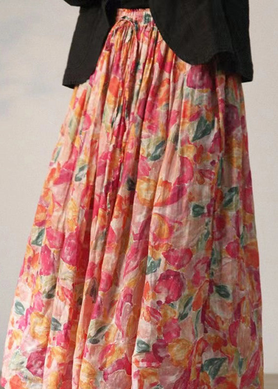 Red Print Lace Up Elastic Waist Linen Skirts Summer