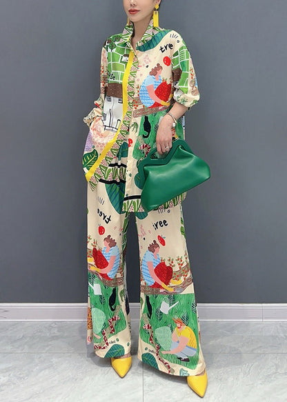 Multicolor Peter Pan Collar Print Shirts and Wide Leg Pants Two Pieces Set Fall
