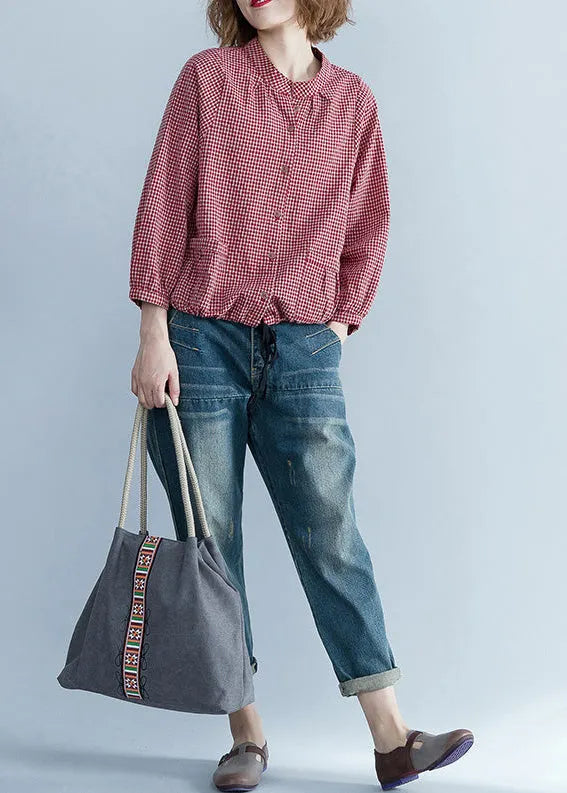 French Long Sleeve Linen Blouse Pakistani Tunic Tops Red Silhouette Shirt Plaid