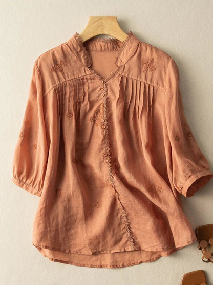 Embroidered V Neck 3/4 Sleeve Linen Shirt Top