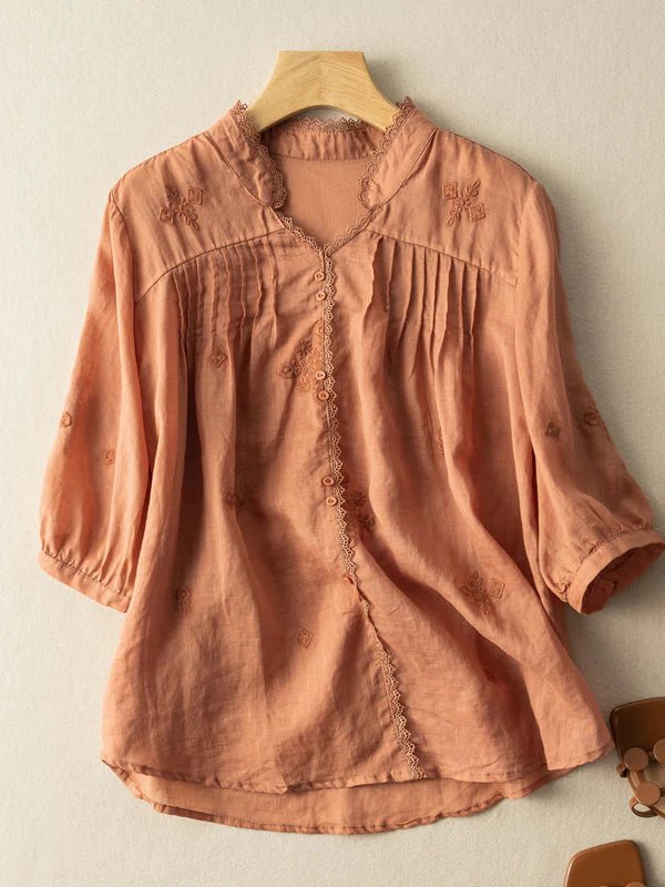 Embroidered V Neck 3/4 Sleeve Linen Shirt Top