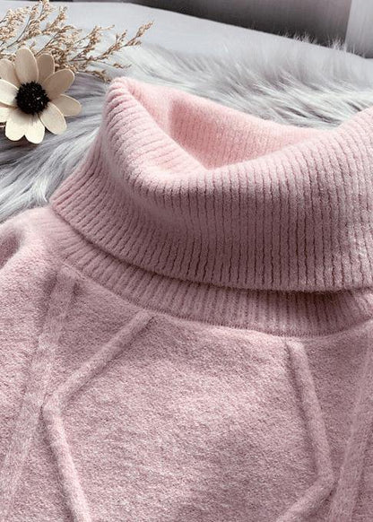 Winter Pink Sweater Dress Outfit Design High Neck Long Sleeve Fuzzy Knit Dress