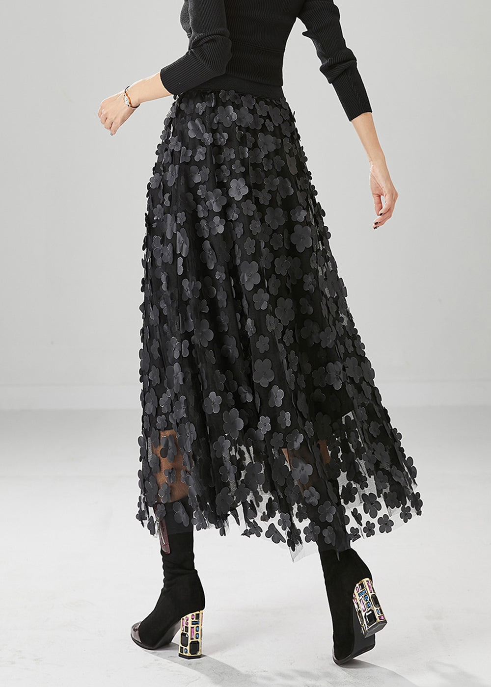 Handmade Black Appliqued Tulle a Line Skirts Fall