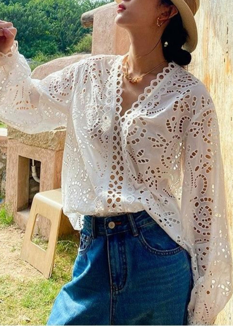 White Oversized Hollow Out Cotton Top Fall