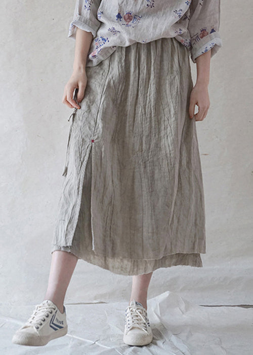 Art Beige Elastic Waist Pocket Double-deck Linen Skirts Spring
