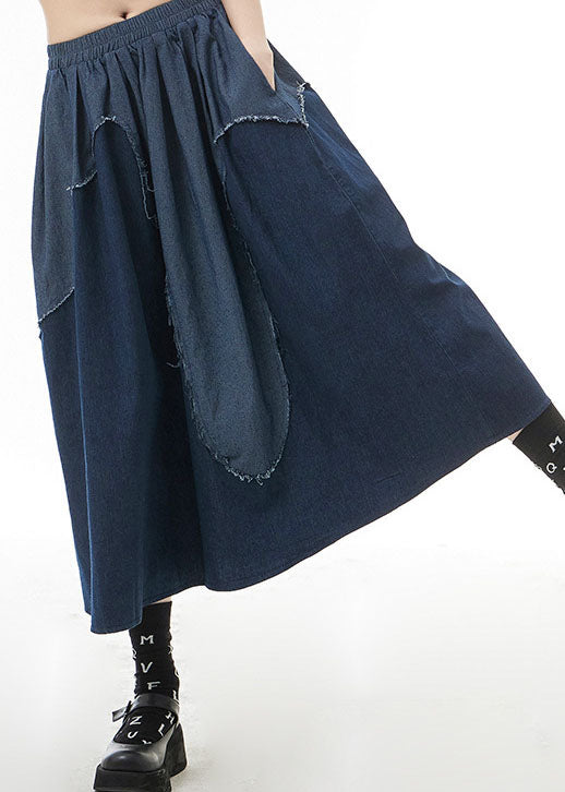 Classy Blue Elastic Waist Patchwork Denim Skirts