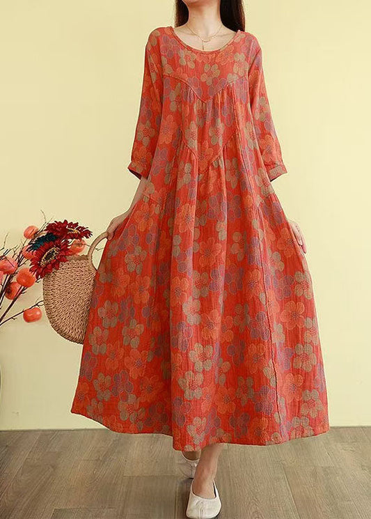 Orange Oversized Print Cotton Long Dress Bracelet Sleeve