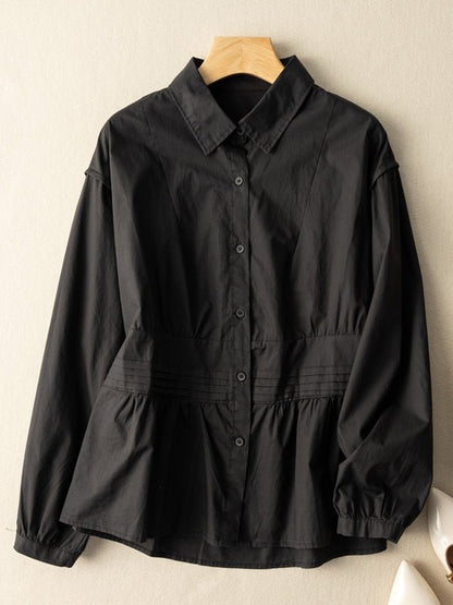 100% Natural Fabric Pleated Button Long Sleeve Loose Shirt