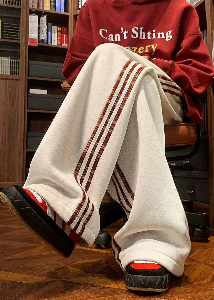 Black Striped Warm Fleece Pants Elastic Waist Spring
