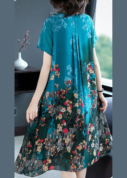Blue O-neck Pockets Print Chiffon a Line Dress Short Sleeve