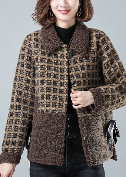 Khaki Peter Pan Collar Pockets Plaid Faux Fur Coats Winter