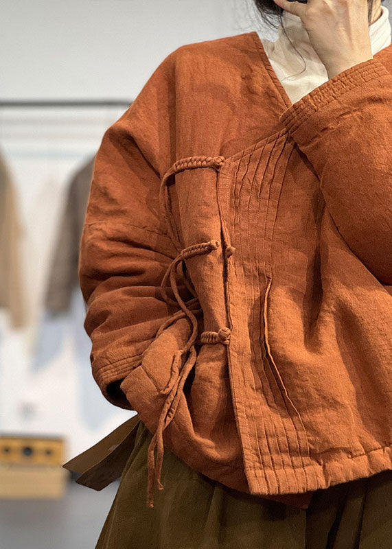 Orange V Neck Wrinkled Fine Cotton Filled Winter Coats