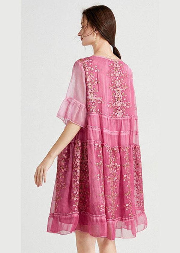 Rose Embroidered Patchwork Summer Dresses Half Sleeve