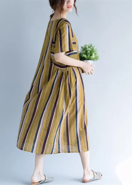 Yellow Long Cotton Linen Dress O Neck Traveling Clothing Fine Striped Short Sleeve Cotton Linen Caftans