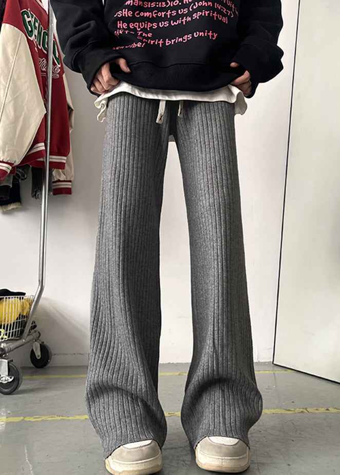 Simple Grey Lace Up Warm Fleece Flare Bottoms Pants Spring