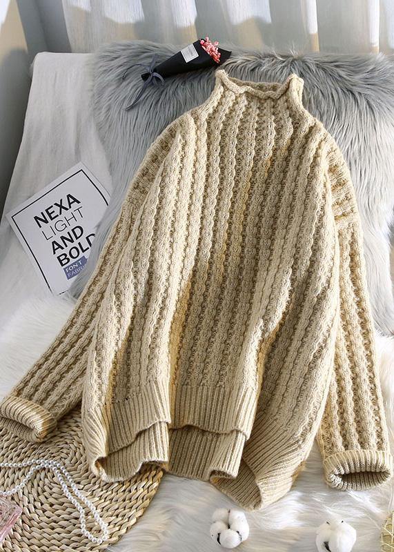 Beige Knitted Pullover Low High Design Clothing Half High Neck Knit Sweat Tops
