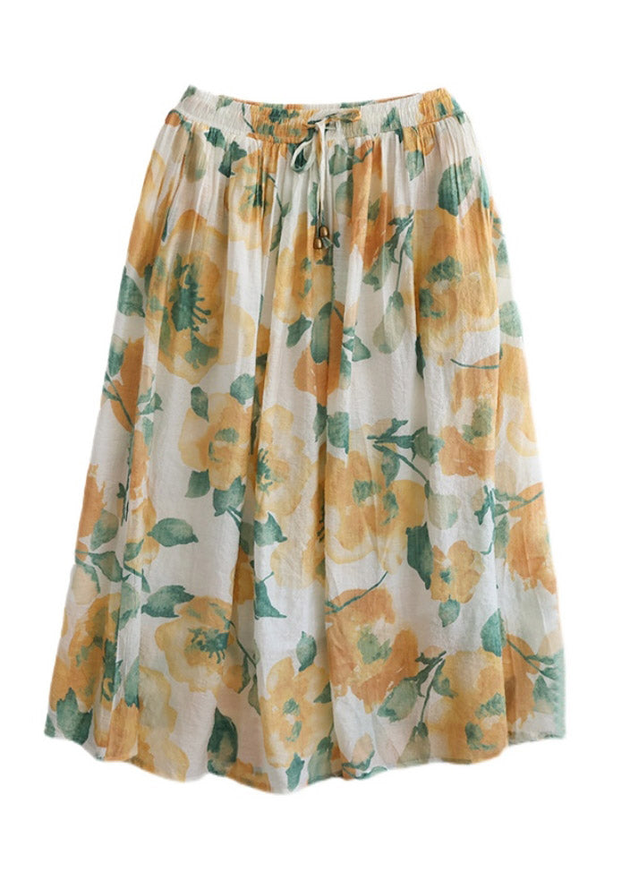 Yellow Print Elastic Waist Maxi Skirt