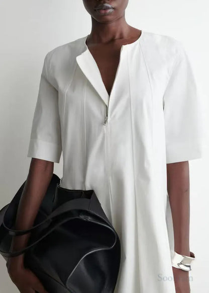 White Zip Up Cotton Day Dress Half Sleeve