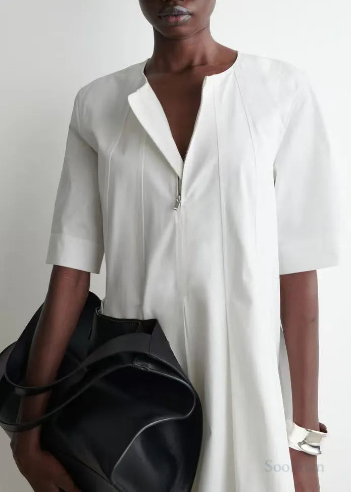 White Zip Up Cotton Day Dress Half Sleeve