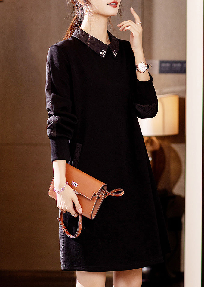 Coffee Peter Pan Collar Pockets Cotton Mid Dress Fall