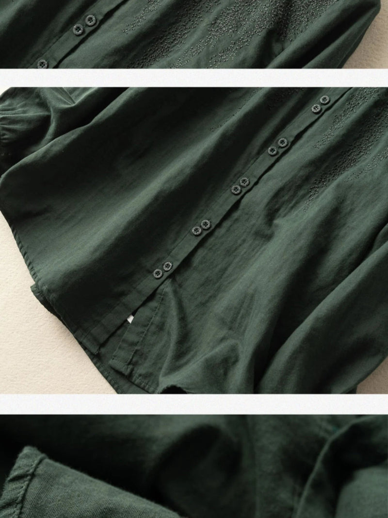 Embroidered Long Sleeve Linen Shirt Top