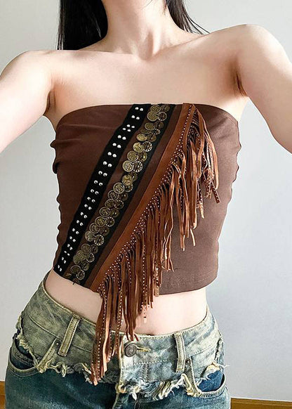 Brown Hollow Out Lace Up Cardigans and Tasseled Tank Two Pieces Set Spring