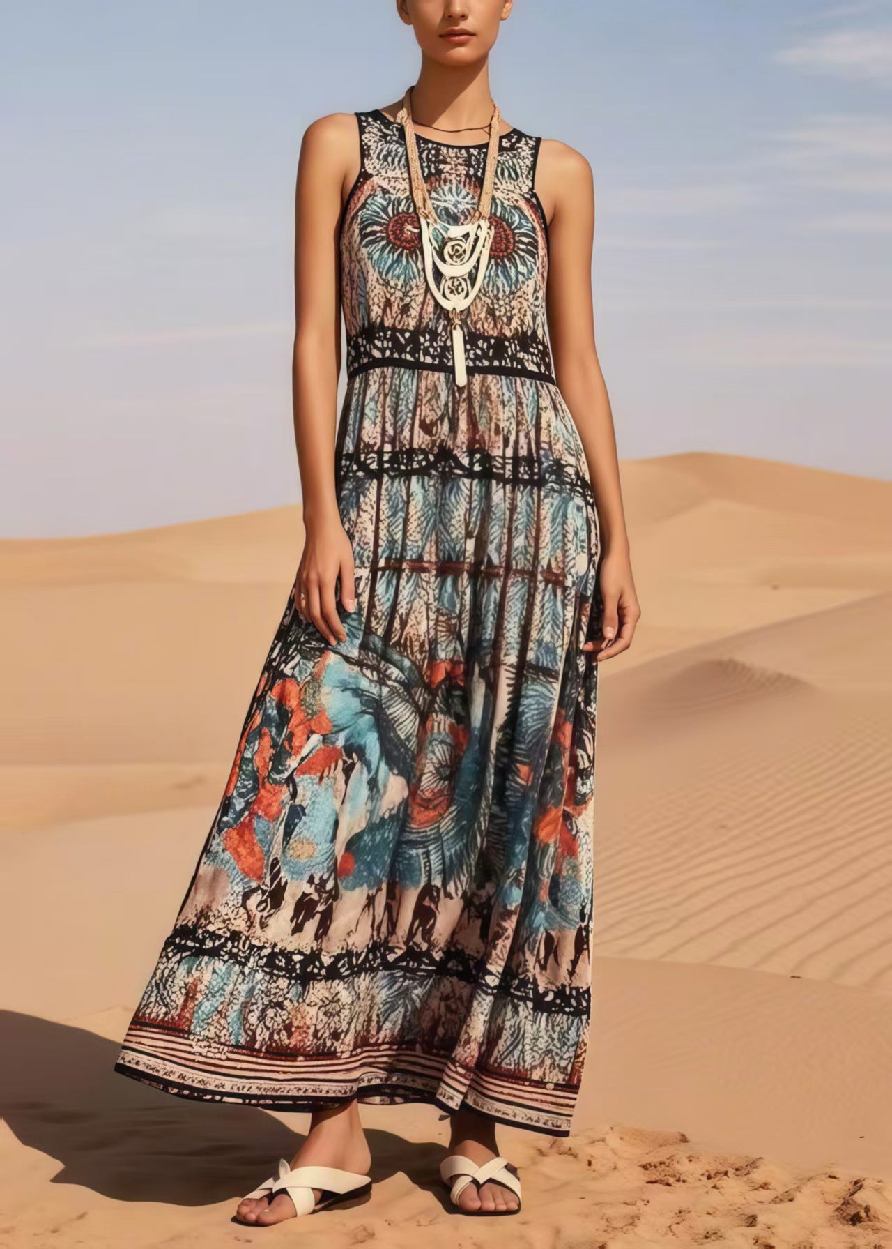 Black Print Cotton Long Dress Sleeveless