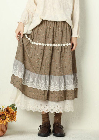 Navy Print Lace Elastic Waist Cotton Skirt Spring