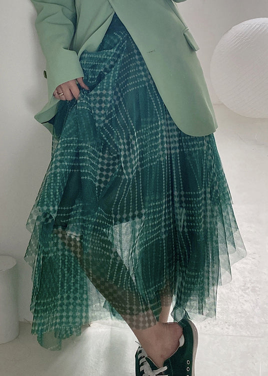 Green Plaid Asymmetrical High Waist Patchwork Tulle Skirts Summer