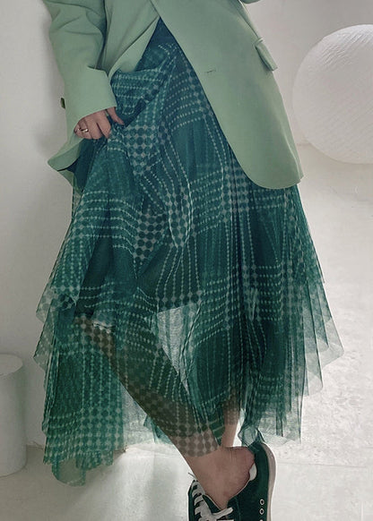 Green Plaid Asymmetrical High Waist Patchwork Tulle Skirts Summer
