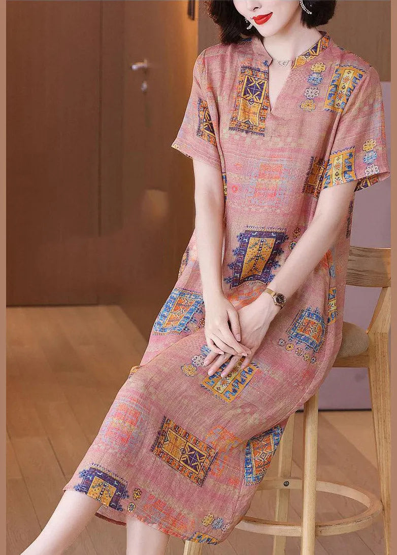 V Neck Print Linen Long Dresses Short Sleeve
