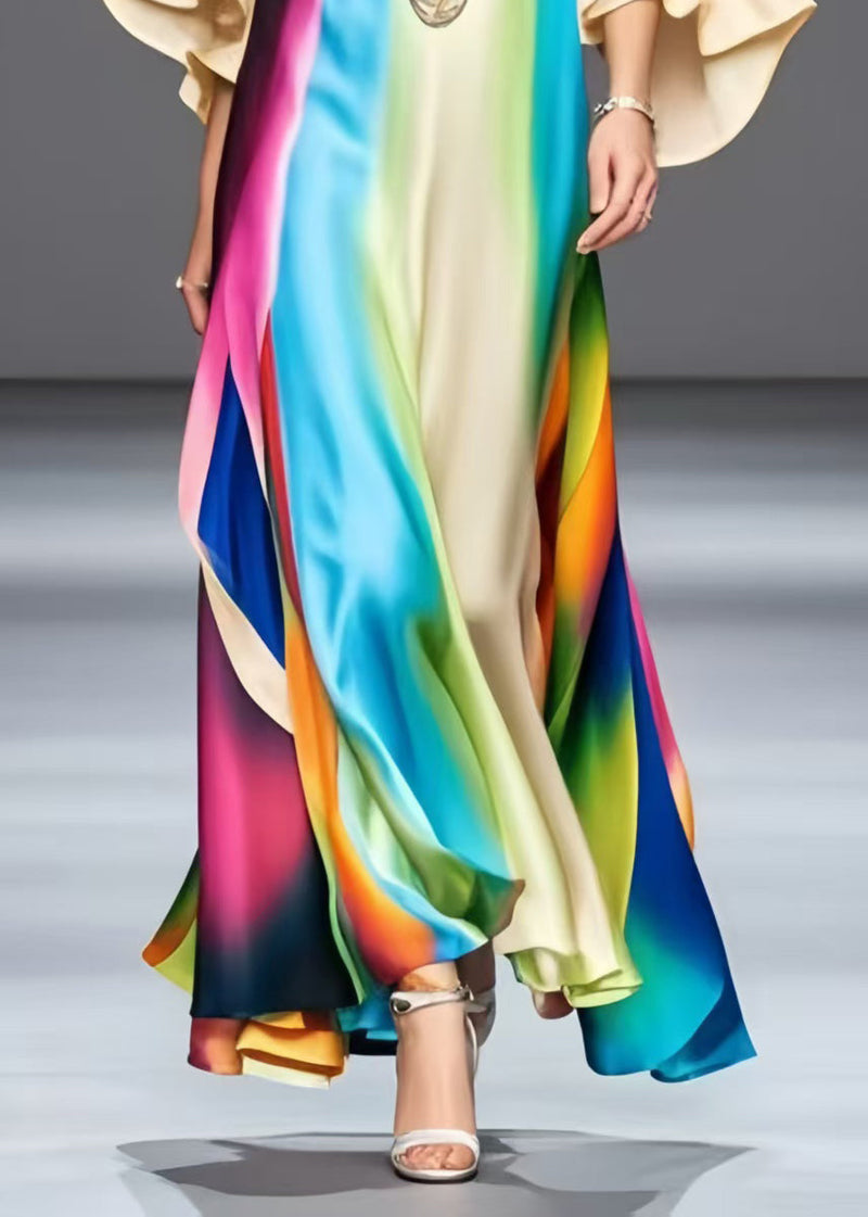 Organic Rainbow Cold Shoulder Tie Dye Silk Vestidos Dress Petal Sleeve