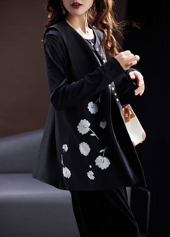 Black O-neck Embroidered Button Cotton Waistcoat Sleeveless